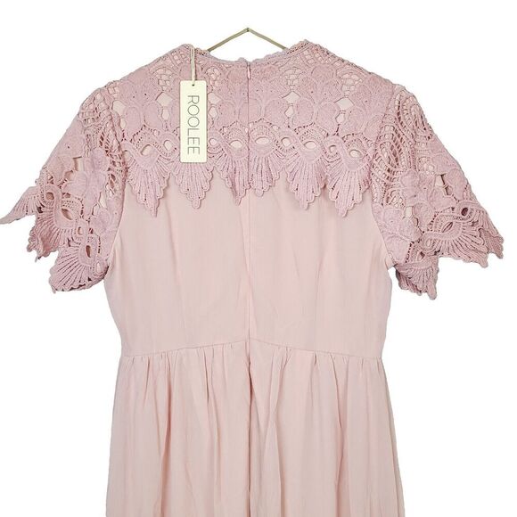 Roolee Maxi Dress M Dusty Pink Crocheted Lace Short Sleeve Wedding Bridesmaid - Picture 4 of 11